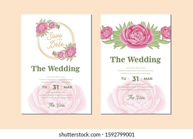 set of elegant wedding invitations card design template with roses flower and leaves frame