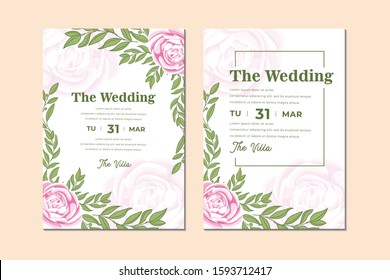 set of elegant wedding invitations card design template with roses flower and leaves frame