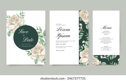 Set of elegant wedding invitations decorated with white roses and green leaves