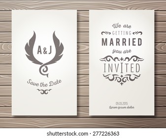 Set of elegant wedding invitations templates on wooden background. EPS10 vector illustration.