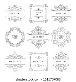 Set of elegant wedding menu frames. Fancy vintage borders. Vector isolated illustration.