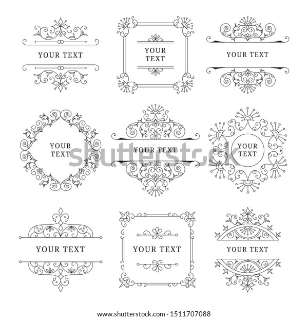 Set of elegant wedding menu\
frames. Fancy vintage borders. Vector isolated\
illustration.