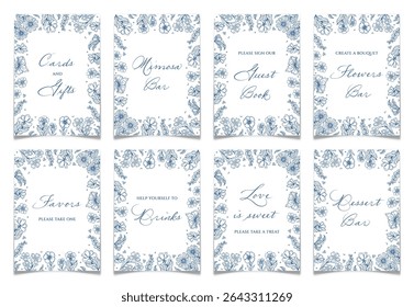 Set of elegant wedding table signage in dusty blue floral toile de jouy style. Bridal shower signs bundle collection with hand drawn engraved flowers. Chinoiserie ornament posters. Vector illustration
