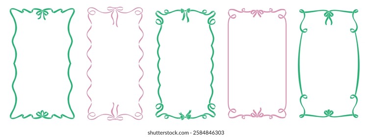 Set of elegant whimsical hand drawn pink green color frames with wavy squiggle curly ribbons in trendy, vintage style for quirky holiday, wedding, birthday gift decorations. Flat vector design.