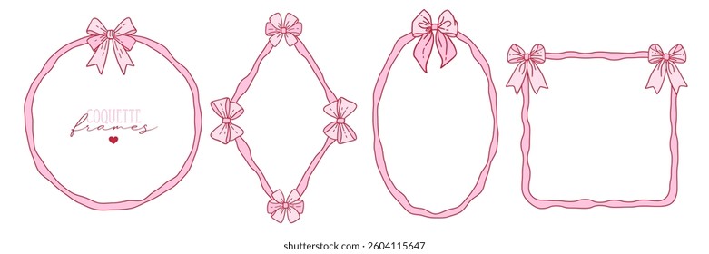Set of elegant whimsical hand drawn pink color geometric frames with wavy squiggle curly ribbons in trendy, vintage styles. Perfect for quirky holiday, wedding, birthday gift decorations. Vector