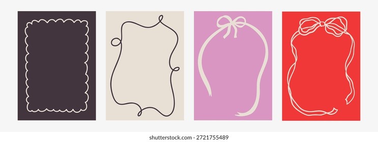 Conjunto de elegantes marcos de primavera dibujados a mano con cintas onduladas rizadas en estilos de moda y vintage. Perfecto para vacaciones extravagantes, boda, invitación de despedida de soltera.