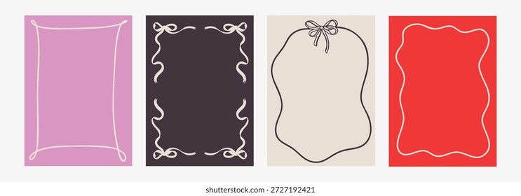 Conjunto de elegantes marcos de primavera dibujados a mano con cintas onduladas rizadas en estilos de moda y vintage. Perfecto para vacaciones extravagantes, boda, invitación de despedida de soltera.