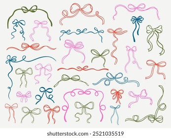 Conjunto de elegante y caprichoso dibujado a mano de color verde naranja azul rosa hace nudos y ondulado squiggle cintas rizadas en estilos de moda, vintage. Perfecto para vacaciones extravagantes, bodas, decoraciones de regalo de cumpleaños.