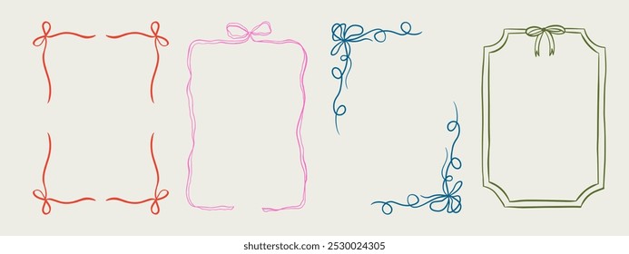 Set of elegant whimsical hand-drawn pink blue orange green color frames with wavy squiggle curly ribbons in trendy, vintage styles. Perfect for quirky holiday, wedding, birthday gift decorations.