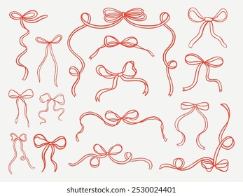 Set of elegant whimsical hand-drawn pink blue orange green color bows knots and wavy squiggle curly ribbons in trendy, vintage styles. Perfect for quirky holiday, wedding, birthday gift decorations.