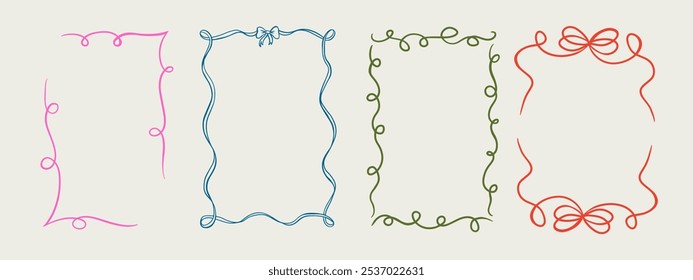 Set of elegant whimsical hand-drawn pink blue orange green color frames with wavy squiggle curly ribbons in trendy, vintage styles. Perfect for quirky holiday, wedding, birthday gift decorations.