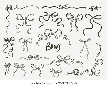 Set of elegant whimsical hand-drawn pink blue orange green color bows knots and wavy squiggle curly ribbons in trendy, vintage styles. Perfect for quirky holiday, wedding, birthday gift decorations.