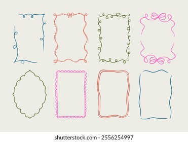 Set of elegant whimsical hand-drawn pink blue orange green color frames with wavy squiggle curly ribbons in trendy, vintage styles. Perfect for quirky holiday, wedding, birthday gift decorations.