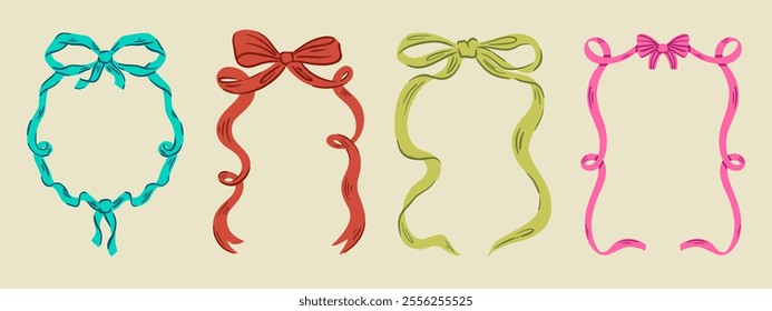 Set of elegant whimsical hand-drawn pink blue orange green color frames with wavy squiggle curly ribbons in trendy, vintage styles. Perfect for quirky holiday, wedding, birthday gift decorations.