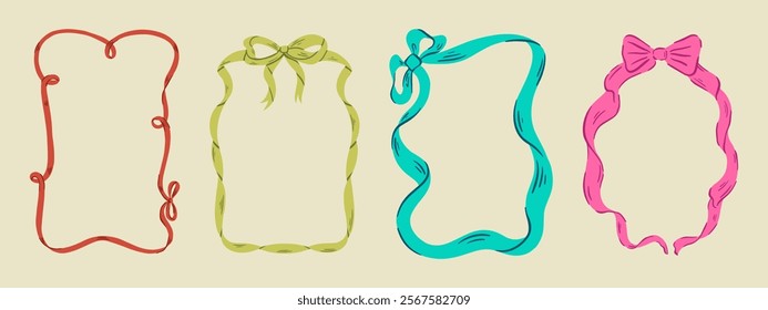 Set of elegant whimsical hand-drawn pink blue orange green color frames with wavy squiggle curly ribbons in trendy, vintage styles. Perfect for quirky holiday, wedding, birthday gift decorations.