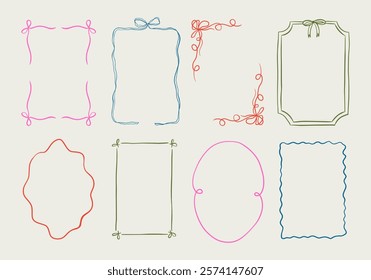 Set of elegant whimsical hand-drawn pink blue orange green color frames with wavy squiggle curly ribbons in trendy, vintage styles. Perfect for quirky holiday, wedding, birthday gift decorations.