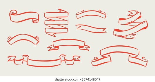 Set of elegant whimsical hand-drawn pink blue orange green color banners with wavy squiggle curly ribbons in trendy, vintage styles. Perfect for quirky holiday, wedding, birthday gift decorations.