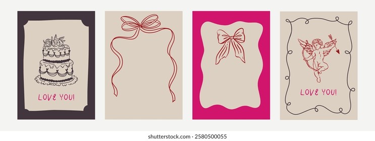 Set of elegant whimsical hand-drawn pink red color template with frames with wavy squiggle curly ribbons in trendy, vintage styles. Perfect for quirky holiday, wedding, birthday gift decorations.