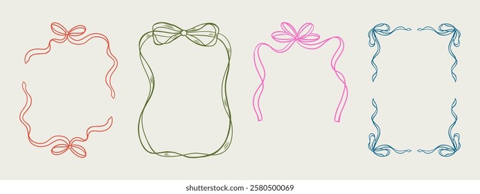 Set of elegant whimsical hand-drawn pink blue orange green color frames with wavy squiggle curly ribbons in trendy, vintage styles. Perfect for quirky holiday, wedding, birthday gift decorations.