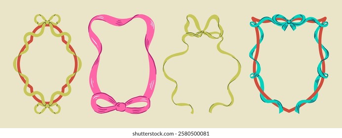 Set of elegant whimsical hand-drawn pink blue orange green color frames with wavy squiggle curly ribbons in trendy, vintage styles. Perfect for quirky holiday, wedding, birthday gift decorations.