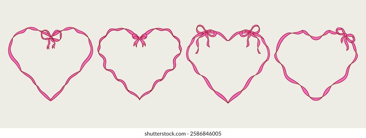 Set of elegant whimsical hand-drawn pink red color heart shape frames with wavy squiggle curly ribbons in trendy, vintage styles. Perfect for quirky holiday, wedding, birthday gift decorations.