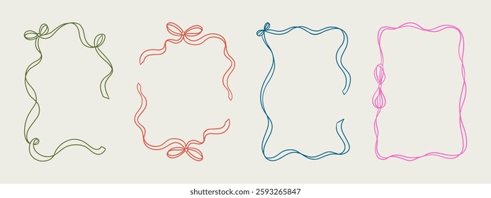Set of elegant whimsical hand-drawn pink blue orange green color frames with wavy squiggle curly ribbons in trendy, vintage styles. Perfect for quirky holiday, wedding, birthday gift decorations.