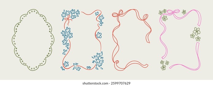Set of elegant whimsical hand-drawn pink blue orange green color frames with wavy squiggle curly ribbons in trendy, vintage styles. Perfect for quirky holiday, wedding, birthday gift decorations.