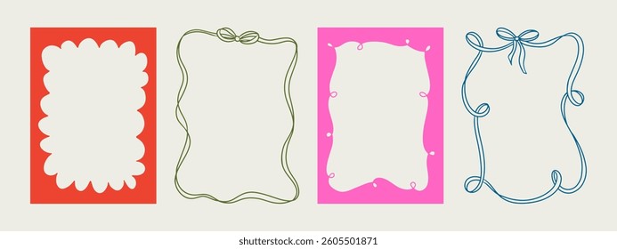 Set of elegant whimsical hand-drawn pink blue orange green color frames with wavy squiggle curly ribbons in trendy, vintage styles. Perfect for quirky holiday, wedding, birthday gift decorations.