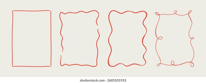 Set of elegant whimsical hand-drawn pink blue orange green color frames with wavy squiggle curly ribbons in trendy, vintage styles. Perfect for quirky holiday, wedding, birthday gift decorations.