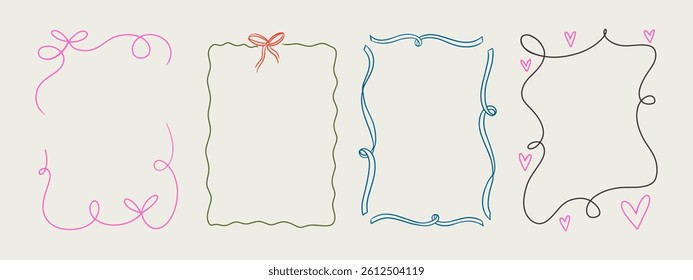 Set of elegant whimsical hand-drawn pink blue orange green color frames with wavy squiggle curly ribbons in trendy, vintage styles. Perfect for quirky holiday, wedding, birthday gift decorations.