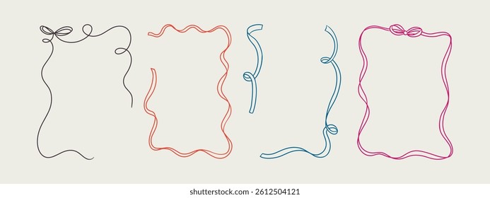 Set of elegant whimsical hand-drawn pink blue orange green color frames with wavy squiggle curly ribbons in trendy, vintage styles. Perfect for quirky holiday, wedding, birthday gift decorations.