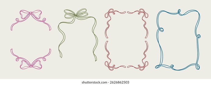 Set of elegant whimsical hand-drawn pink blue orange green color frames with wavy squiggle curly ribbons in trendy, vintage styles. Perfect for quirky holiday, wedding, birthday gift decorations.