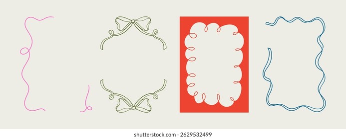 Set of elegant whimsical hand-drawn pink blue orange green color frames with wavy squiggle curly ribbons in trendy, vintage styles. Perfect for quirky holiday, wedding, birthday gift decorations.