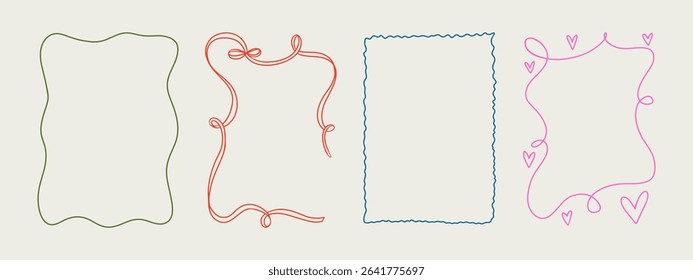 Set of elegant whimsical hand-drawn pink blue orange green color frames with wavy squiggle curly ribbons in trendy, vintage styles. Perfect for quirky holiday, wedding, birthday gift decorations.
