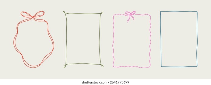 Set of elegant whimsical hand-drawn pink blue orange green color frames with wavy squiggle curly ribbons in trendy, vintage styles. Perfect for quirky holiday, wedding, birthday gift decorations.