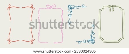 Set of elegant whimsical hand-drawn pink blue orange green color frames with wavy squiggle curly ribbons in trendy, vintage styles. Perfect for quirky holiday, wedding, birthday gift decorations.