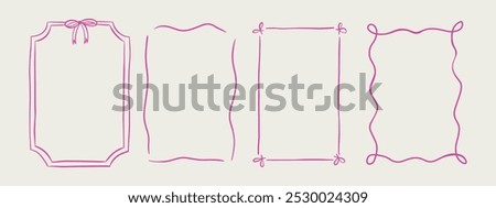 Set of elegant whimsical hand-drawn pink blue orange green color frames with wavy squiggle curly ribbons in trendy, vintage styles. Perfect for quirky holiday, wedding, birthday gift decorations.