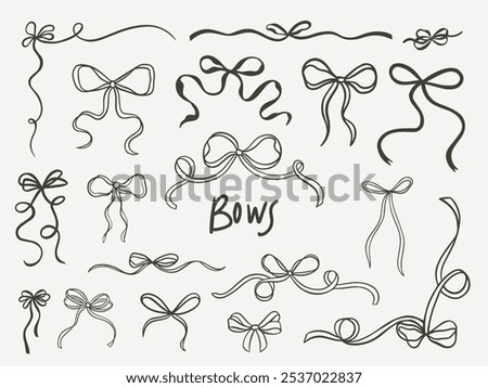 Set of elegant whimsical hand-drawn pink blue orange green color bows knots and wavy squiggle curly ribbons in trendy, vintage styles. Perfect for quirky holiday, wedding, birthday gift decorations.