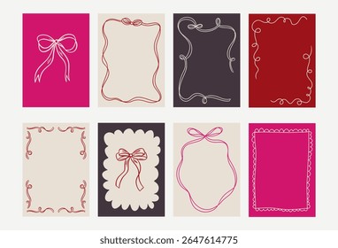 Set of elegant whimsical hand-drawn spring frames with wavy squiggle curly ribbons in trendy, vintage styles. Perfect for quirky holiday, wedding, bachelorette invitation.