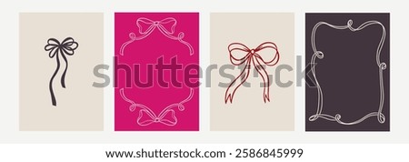 Set of elegant whimsical hand-drawn spring frames with wavy squiggle curly ribbons in trendy, vintage styles. Perfect for quirky holiday, wedding, bachelorette invitation.