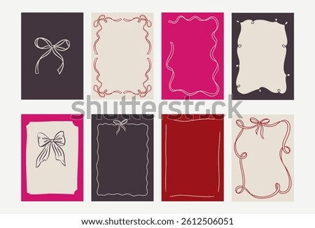 Set of elegant whimsical hand-drawn spring frames with wavy squiggle curly ribbons in trendy, vintage styles. Perfect for quirky holiday, wedding, bachelorette invitation.