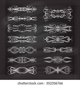 Set of elegant white flourishes on a chalkboard background.