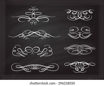 Set of elegant white flourishes for your design on the chalkboard.