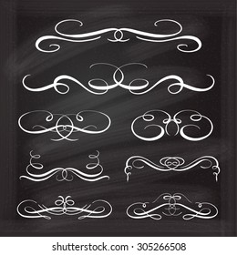 Set of elegant white flourishes for your design on the chalkboard.