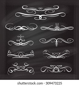 Set of elegant white flourishes for your design on the chalkboard.