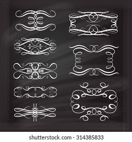 Set of elegant white flourishes for your design on the chalkboard.