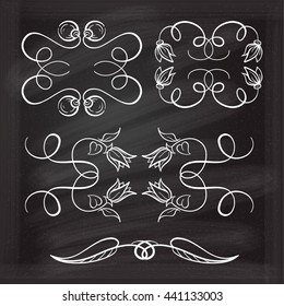 Set of elegant white flourishes for your design on the chalkboard.