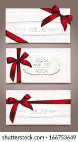 Set of elegant white greeting cards with red ribbons