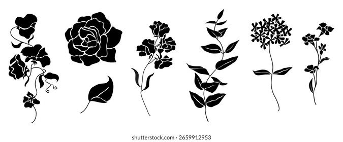 Set of elegant wildflower silhouettes including vines, leaves, and blossoms. Black botanical vector elements isolated on white background, perfect for design, nature, and floral decor projects.