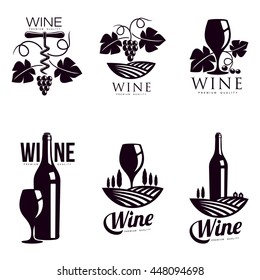 Set Of Elegant Wine Logo Templates, Vector Illustration Isolated On White Background. Vintage Style Wine Badges And Labels. Black And White Logo Templates For Your Design